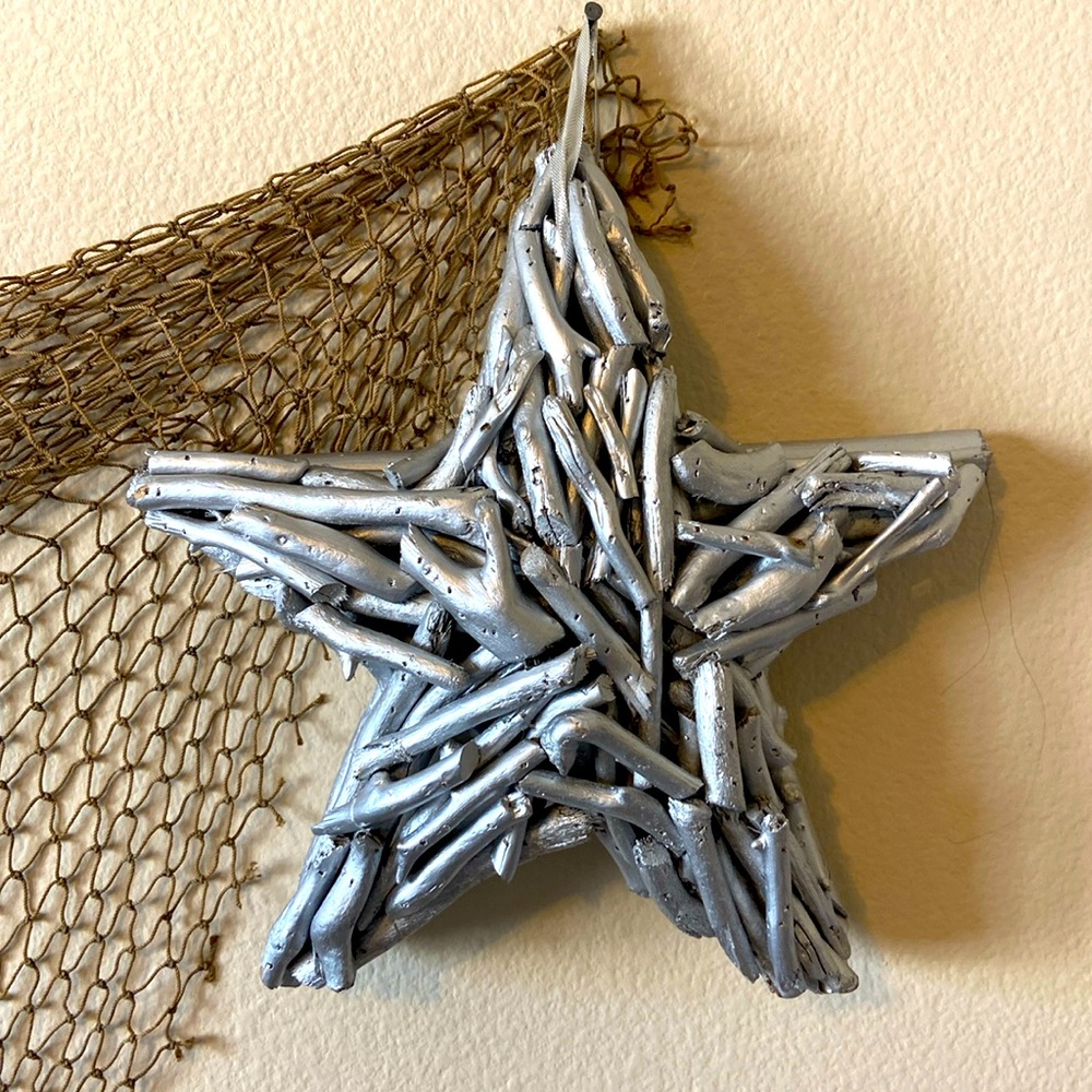 Vintage 80s Real Wood Branch Painted Silver Star Decor